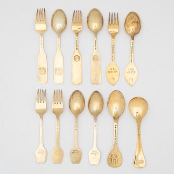 Danish Christmas cutlery/annual cutlery, 12 pieces, gilded sterling silver and enamel, Anton Michelsen and Georg Jensen,