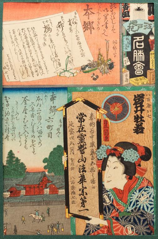 UTAGAWA KUNISADA, (1786–1864), four colored woodblock prints. Japan, 19th century.