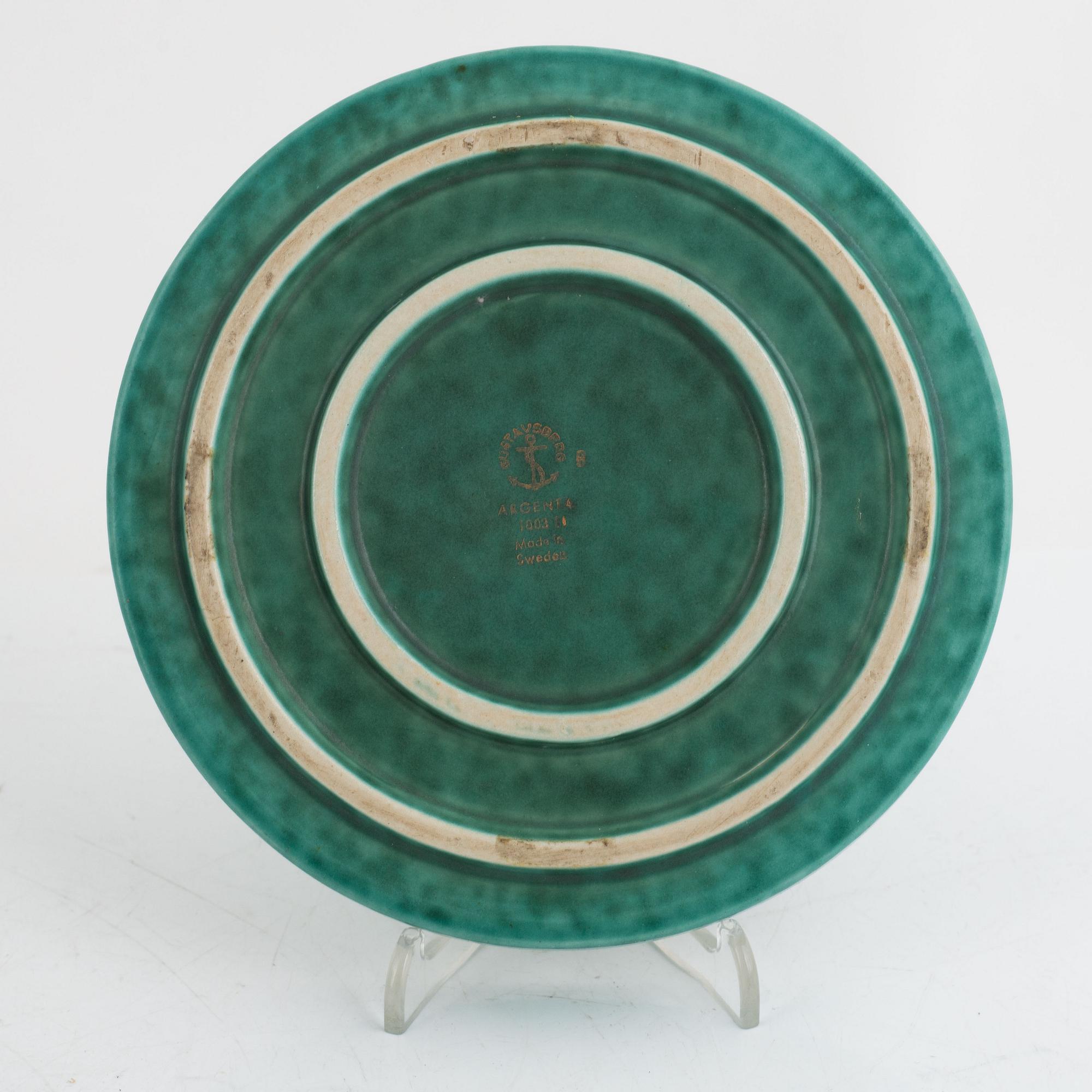 Wilhelm Kåge, vaser 2 st samt fat, "Argenta", Gustavsberg, 1900-talets mitt.