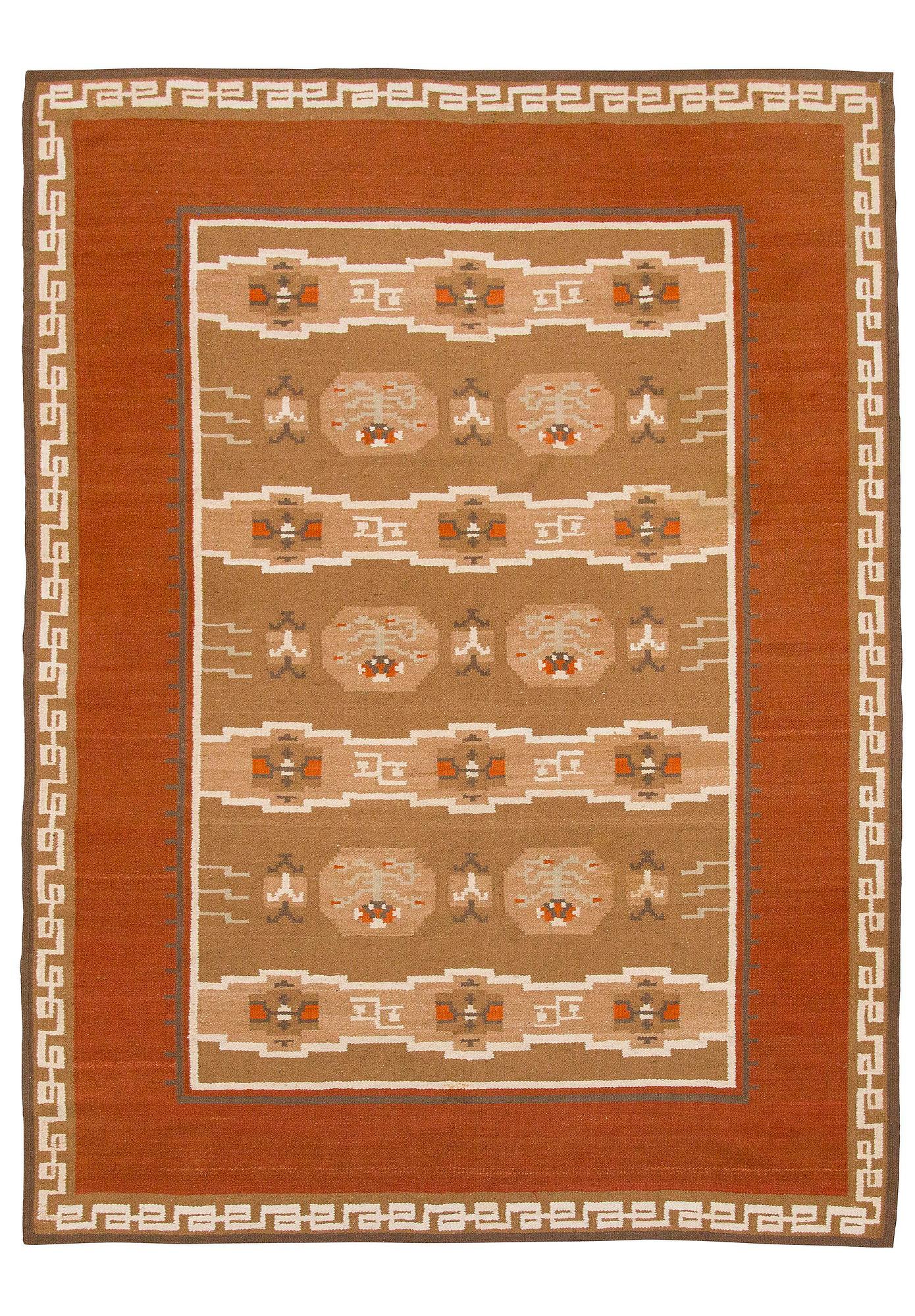 A finnish flat weave carpet 'What shall I do?', manufacturer Laura Korpikaivo-Tamminen. Circa 350 x 260 cm.