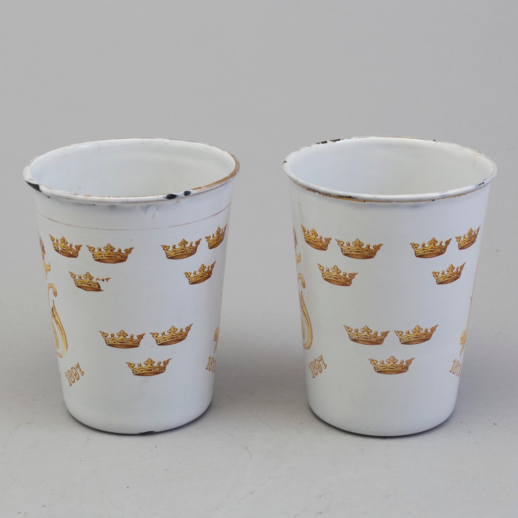 A pair memorial enamel cup in memory of Kin Oscar II's 25 years on the trone, 1872-1897, produced by Kockums.
