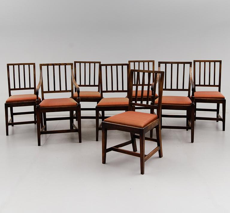 STOLAR 6 st och KARMSTOLAR 2 st, England, omkring år 1800 och 1900-tal.