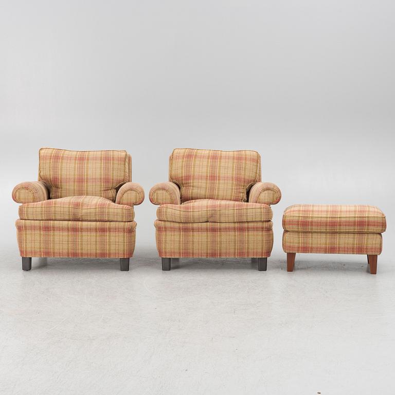 Fåtöljer, ett par, samt en fotpall, 2000-tal.