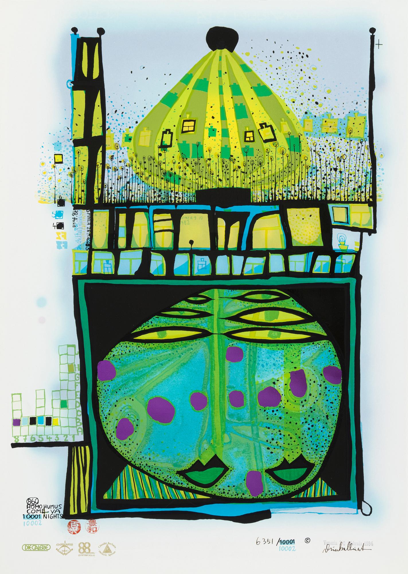 Friedensreich Hundertwasser, photo lithograph and silk screen with metal embossing, 1984. Signed and numbered 6351/10002.