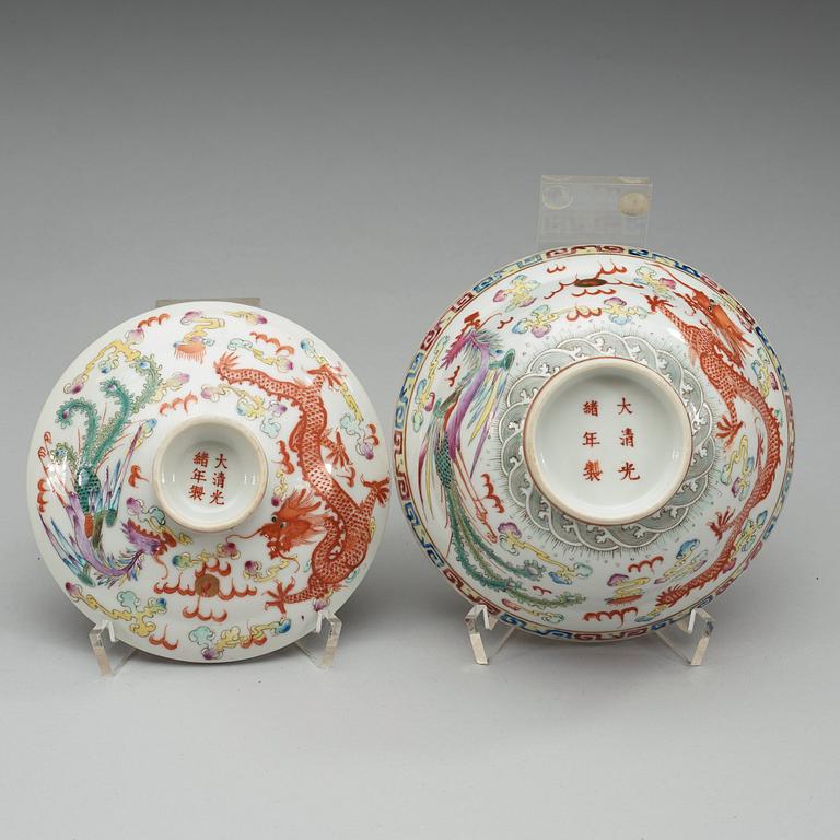 A set of three famille rose bowls with covers, Qing dynasty with Guangxu six character marks and period (1874-1908).