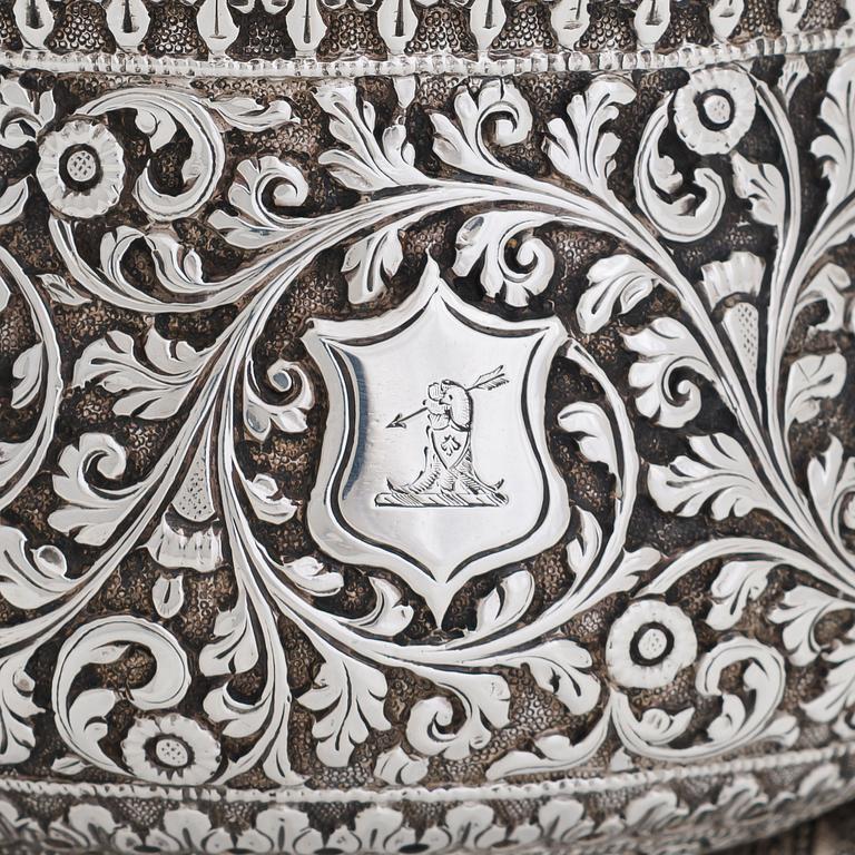 A 19th-century lidded tripod silver bowl, India.