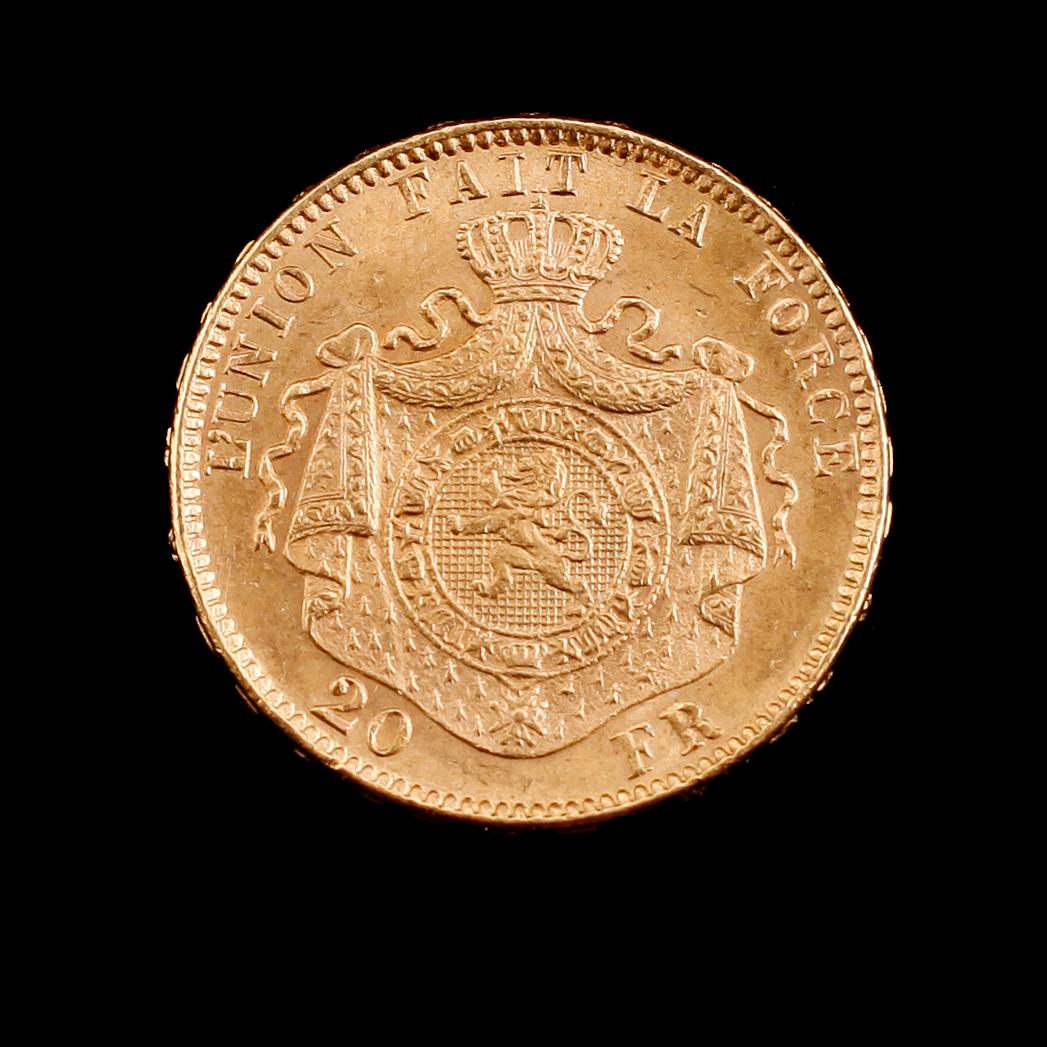GULDMYNT, 20 franc, Leopold II, Belgien, 1882. Vikt ca 6 gram.