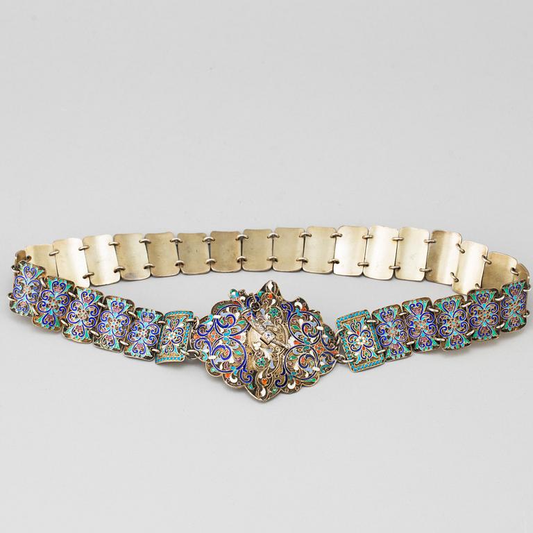 A Russian early 20th century silver and cloisonné-enamel belt, mark of Pyetr Milukow, Moscow 1899-1908.