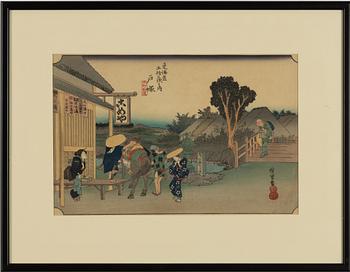 Ando Utagawa Hiroshige, after, three woodblock prints from two series, 20th century.