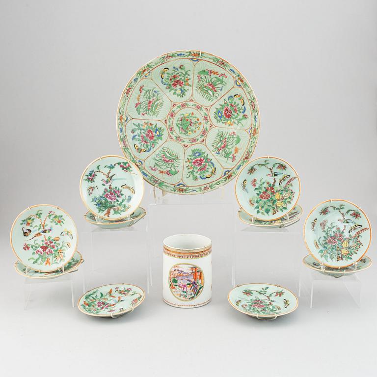 A famille rose jug and 10 dishes and one serving dish, Qing dynasty, 18th/19th Century.