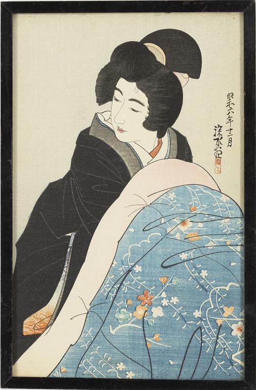 Ito Shinsui, after, a woodblock print in colours, mid 20th Century.