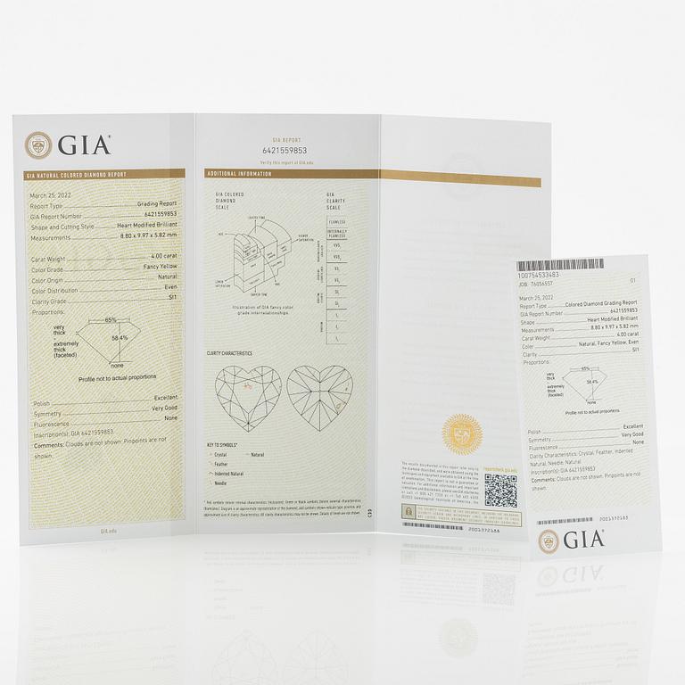 A necklace in 18K gold with a heart-shaped yellow brilliant-cut diamond 4.00 ct Fancy Yellow si1.