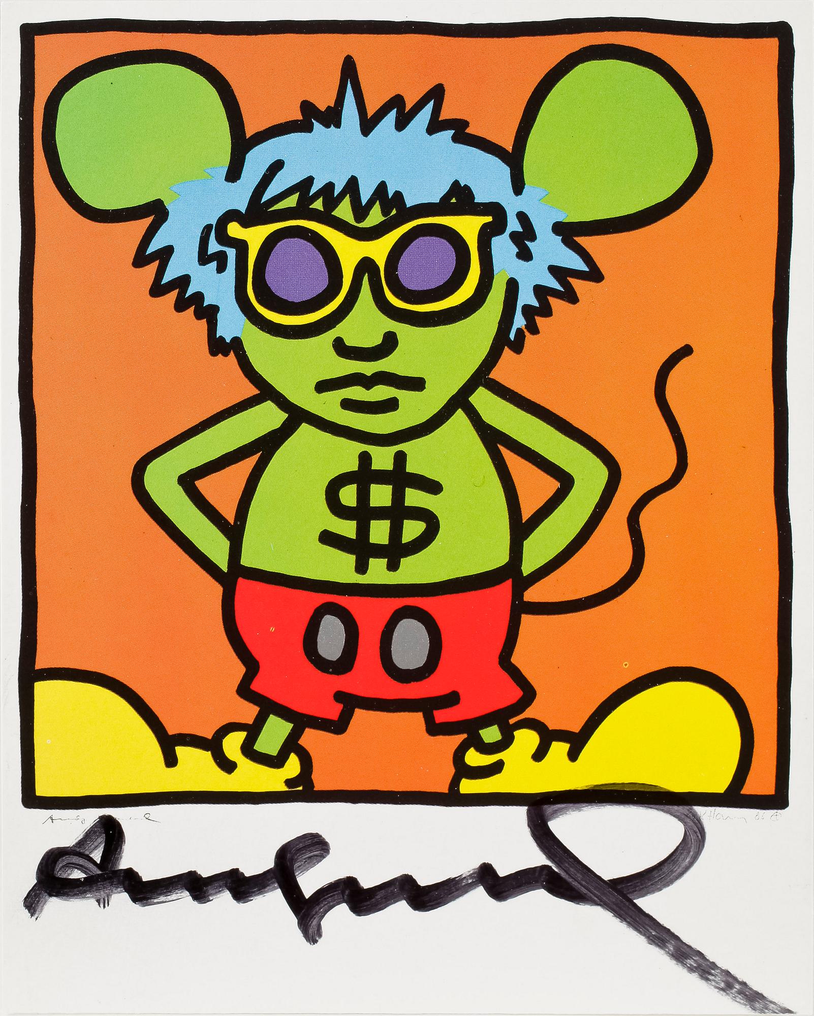 ANDY WARHOL och KEITH HARING, utställningskort, "Andy Mouse I", Hommage to Warhol, signerat av Andy Warhol.
