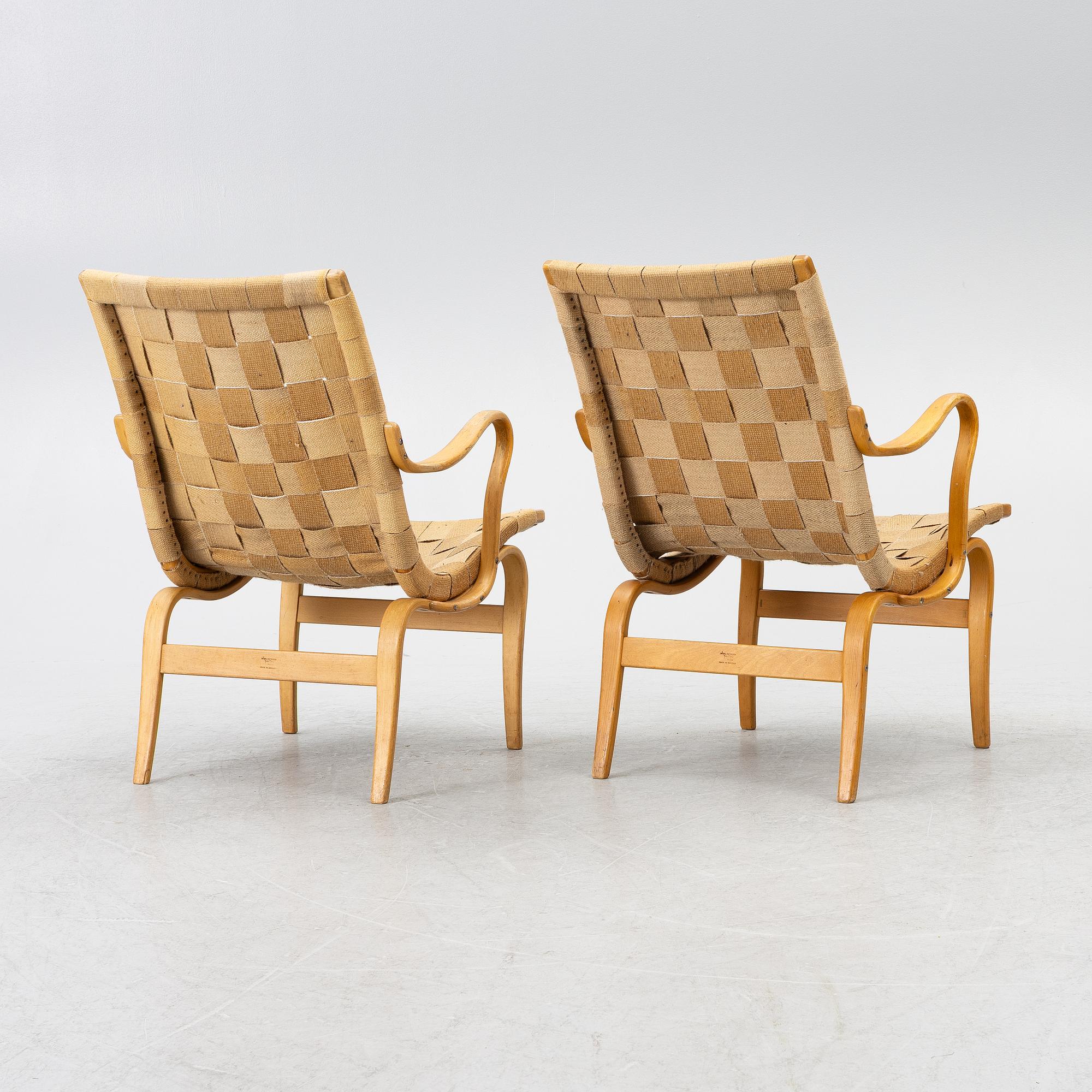 Bruno Mathsson, a pair of 'Eva' armchairs, Firma Karl Mathsson, Värnamo, 1959-62.