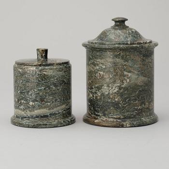 Two Swedish green marble 19th century tobacco boxes with covers.