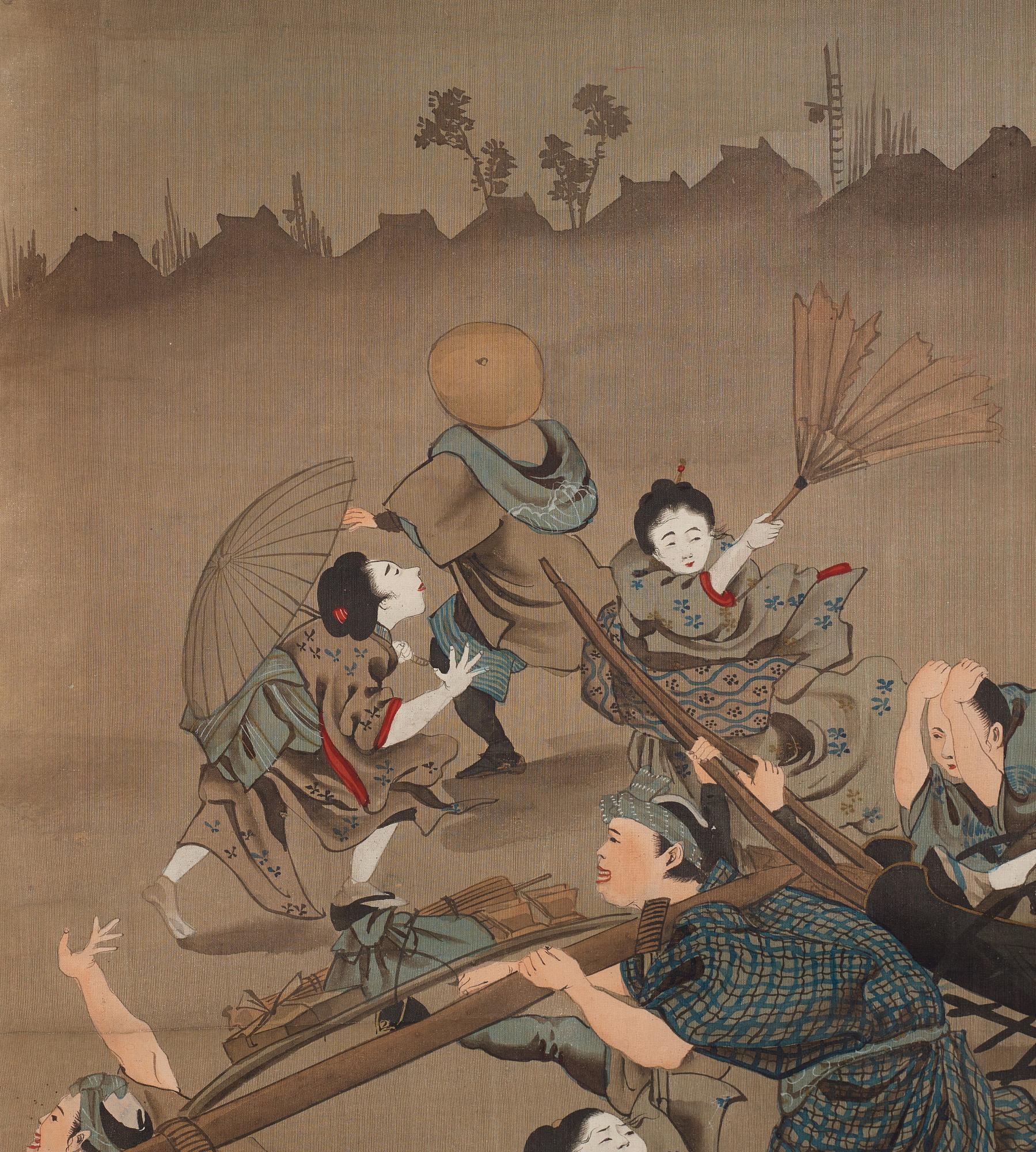 RULLMÅLNINGAR, sex stycken, tusch och färg på papper. Japan, Meiji (1868-1912).
