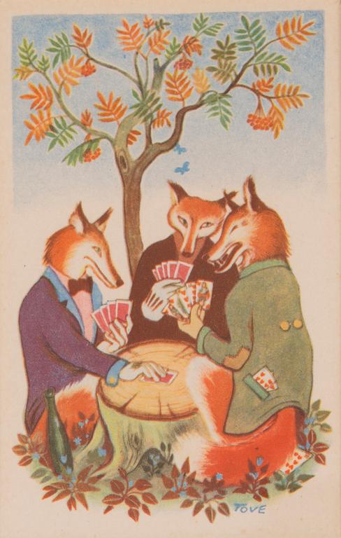 TOVE JANSSON, postikortteja, 10 kpl, Tove Janssonin mukaan, Taidekorttikeskus 1941-42, painettu signeeraus.