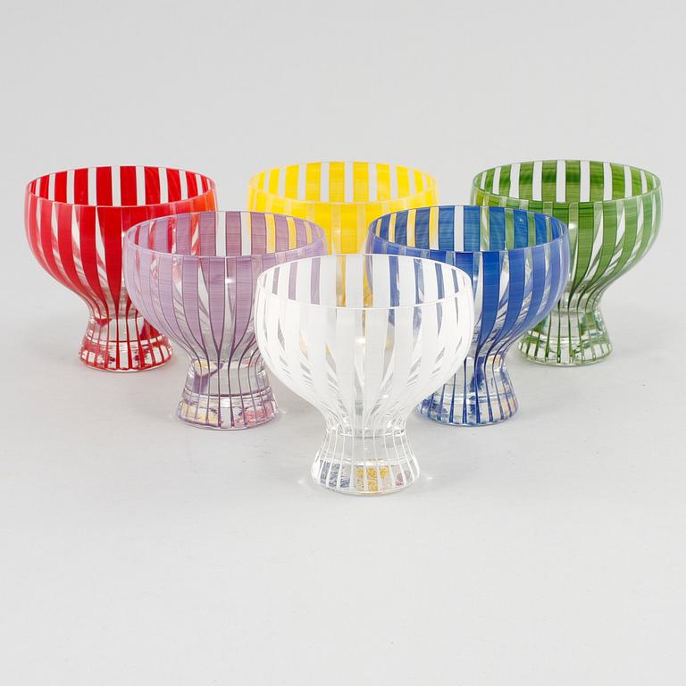 DESSERTSKÅLAR, 6 st, glas, "Strikt", Bengt Orup, Johansfors, omkring 1900-talets mitt.