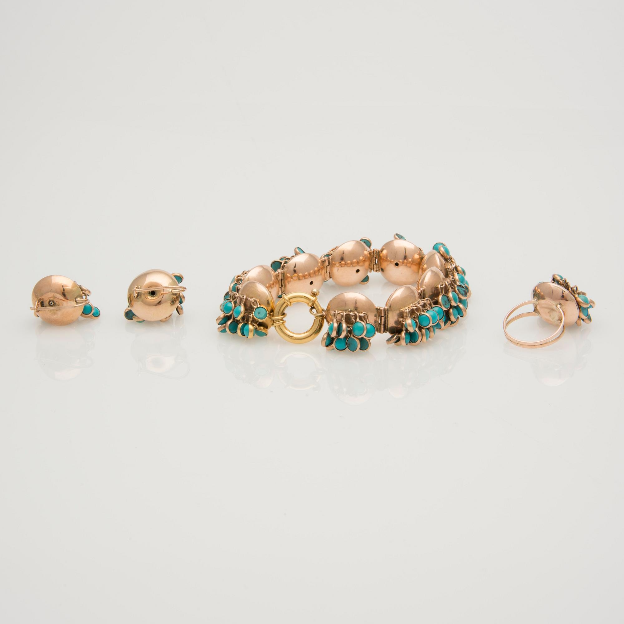 ARMBAND, RING och ÖRHÄNGEN, turkoser, 14K rose guld.