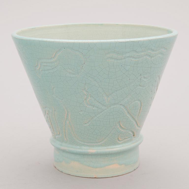 A glazed ceramic pot, signed and dated -34.