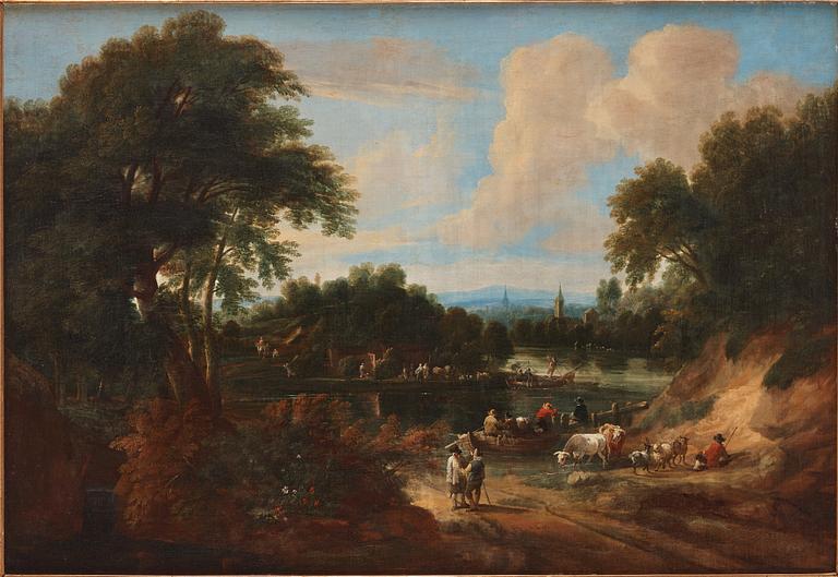 Gaspar de Witte Circle of, Extensive landscapes with figures beside a village, a pair.