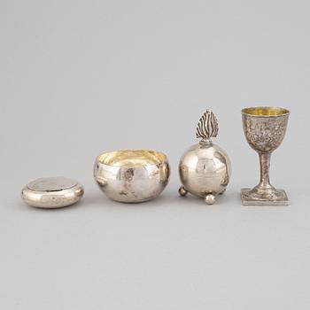 Bowl, cup, box, and flask, silver, Sweden and england, 19-20th century.