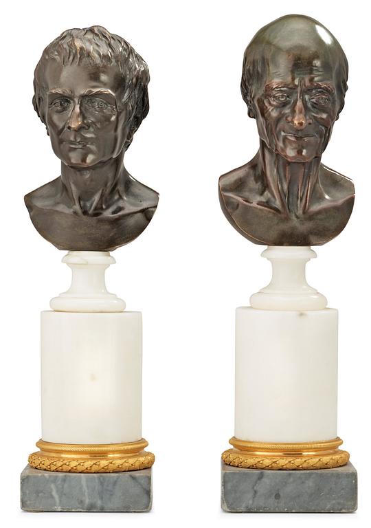 A pair of late Gustavian late 18th century busts depicting Rosseau and Voltaire.