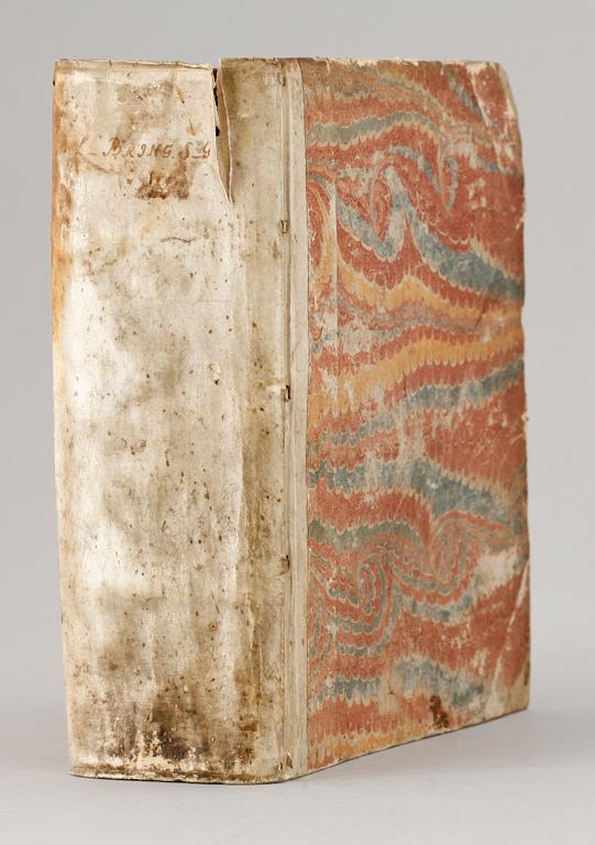 BOKBAND MED SAMLADE DISPUTATIONER, 20 st, bla "Disertatio gradualis de vero etymo Sveciae", 1700-tal.