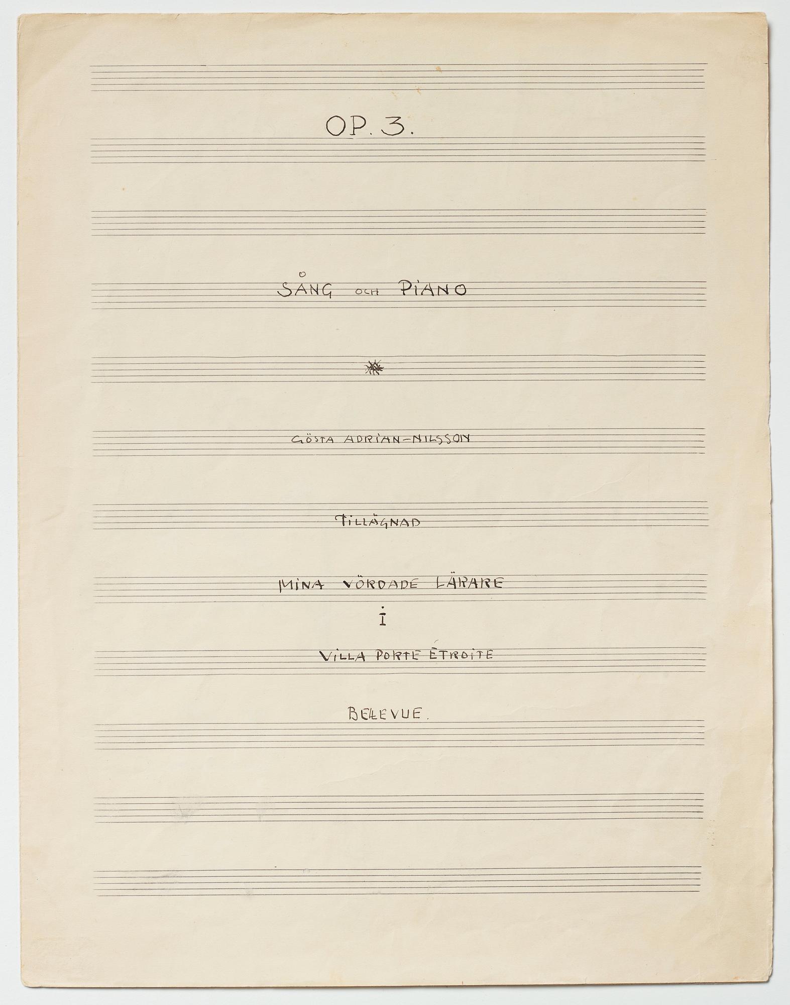 Gösta Adrian-Nilsson, Portfolio with three scores,  "Dialog mellan piano och cello", opus 2, "Sång och piano", opus 3.