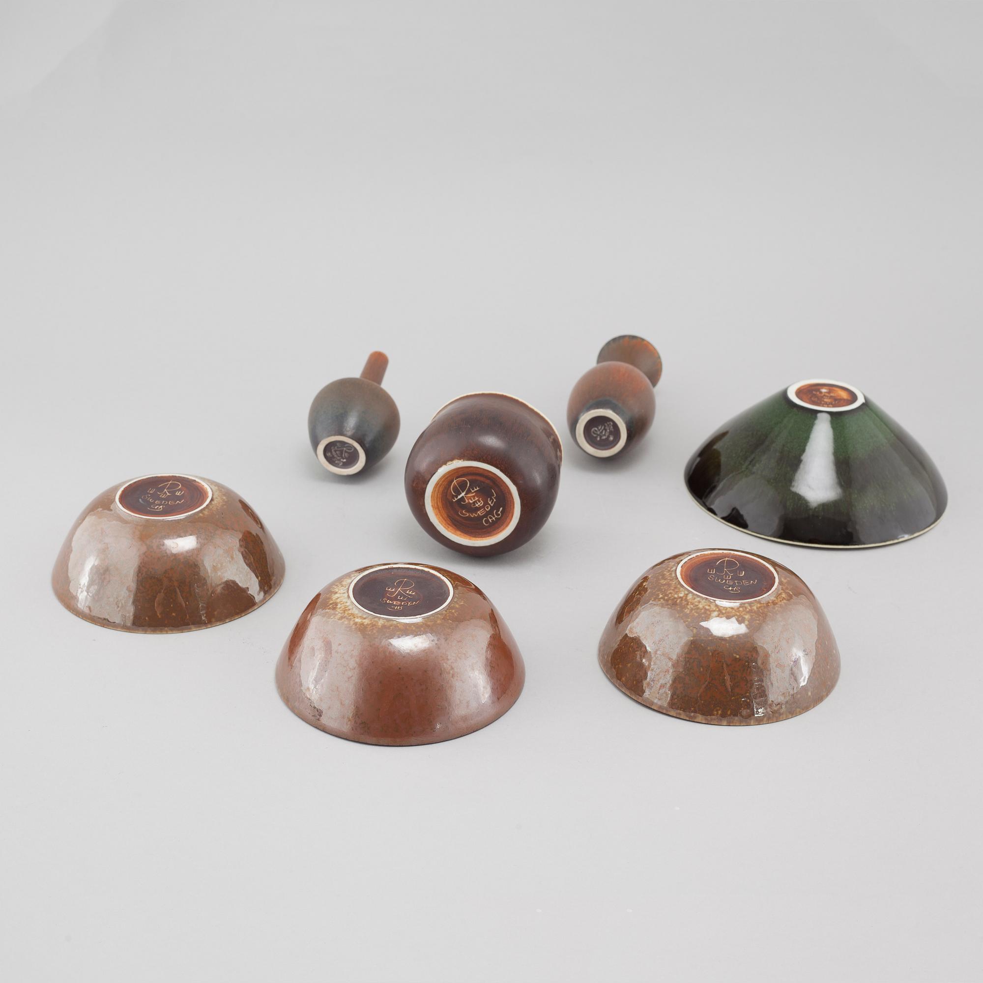 CARL-HARRY STÅLHANE, 5 skålar samt 2 vaser, stengods, Rörstrand, 1950/60-tal.