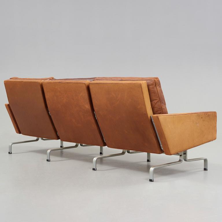 Poul Kjaerholm, a 'PK-31-3' three seated steel and brown leather sofa, E Kold Christensen, Denmark 1960's.