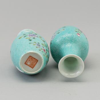 A lot of Chinese turquoise-ground porcelain vases, cups and lidded jars, 20th century.