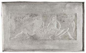 762. An Anna Petrus engraved pewter tray, 1920's, executed by the artist, motive with Adam & Eve.