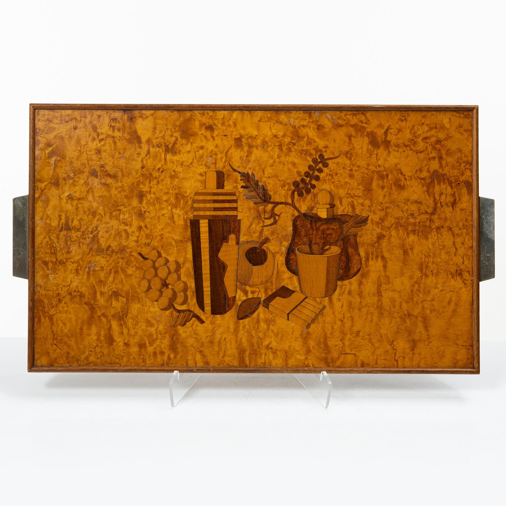 A Linder, tray "Cocktail", model number 67, Mjölby Intarsia, 1940s.