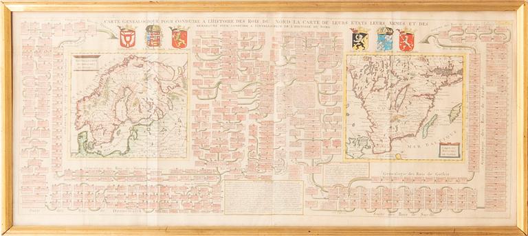 Colored copper engraving "Carte genealogique pour conduire à l'histoire des Rois du Nord". 18th century.