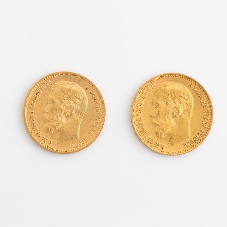 Guldmynt 2 st, Ryssland, Nikolaj II, 5 rubel, 1898 & 1899.