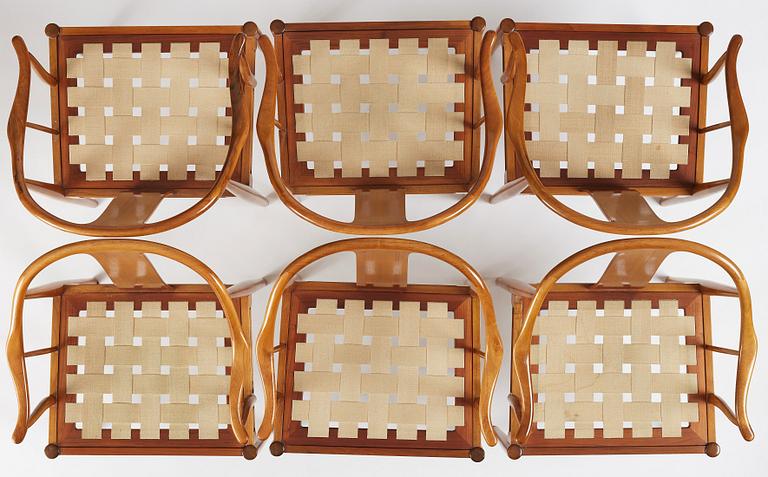 Hans J. Wegner, a set of 6 walnut 'China Chairs', Fritz Hansen, Denmark 1967.