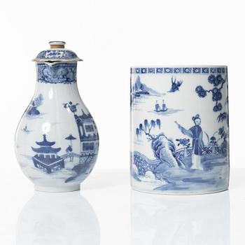 A Chinese blue and white jug, an ewer and three cups, Qing dynasty, Qianlong (1736-95).
