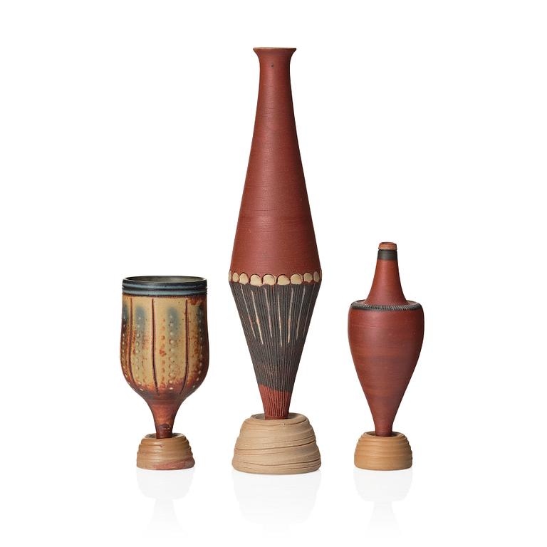 Wilhelm Kåge, a set of three miniature  'Farsta Spirea' stoneware vases, Gustavsberg studio, Sweden, one dated 1958.