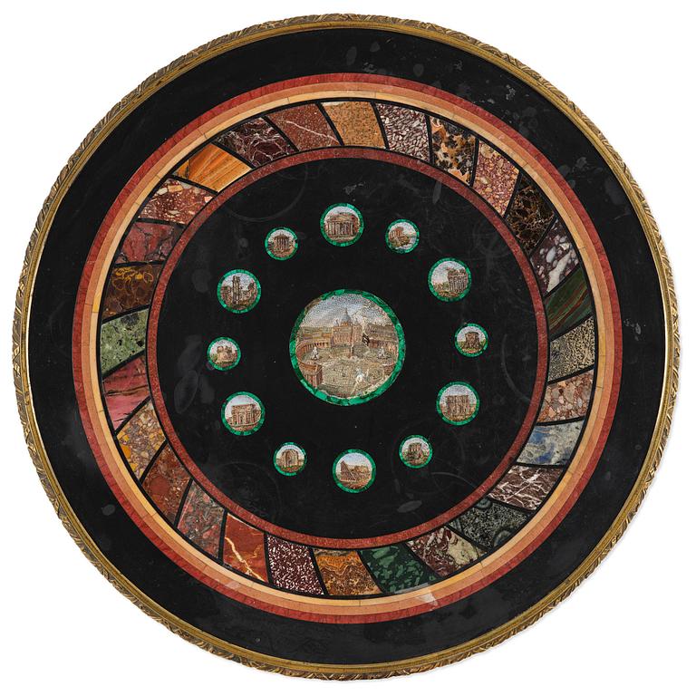 An Empire-style mahogany table with a pietre dure, micromosaic and specimen marble top, mid 19th century.