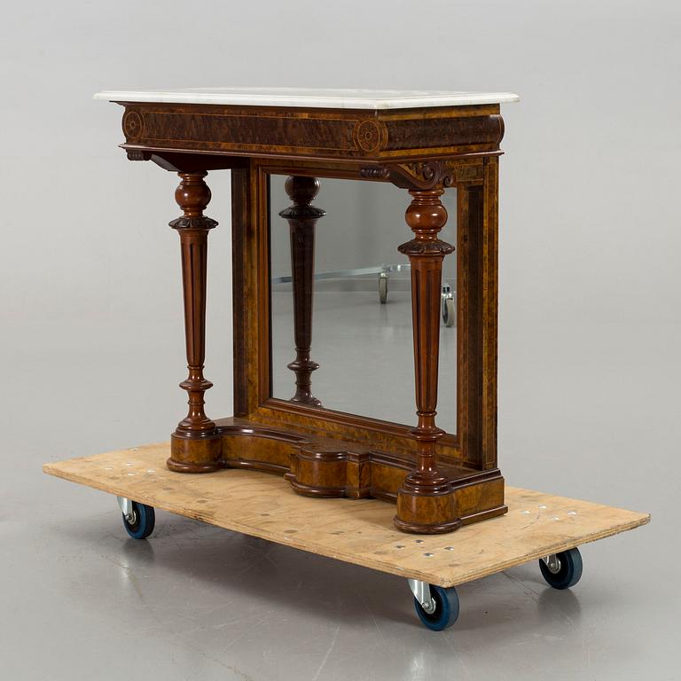 A walnut wall table with white marble top, late 19th or early 20th century.