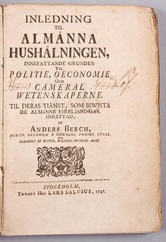 BÖCKER, 6 st, om lanthushållning, bla "Tankar wid skötseln och nyttan af boskap och fjäderfä..." av Jan Brauner, Stockholm 1756.