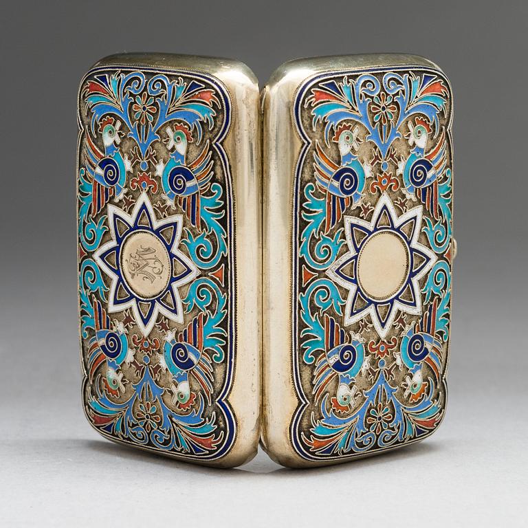 A cloisonné enamel and gilt silver cigarette case, maker's mark of Grigorii Andreev, Saint Petersburg, Russia 1885-1898.