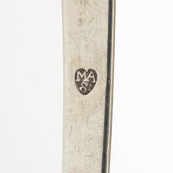 Two silver serving spoons with pseudo-marks, around the year 1900.