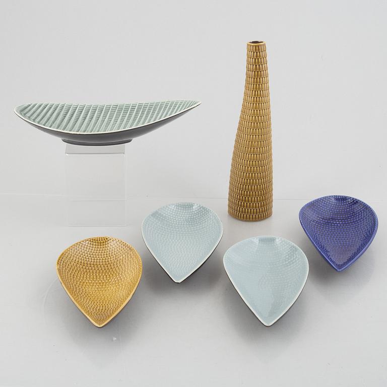 Stig Lindberg, six "Reptil" dishes and vases, Gustavsberg, Sweden, 1953-63.