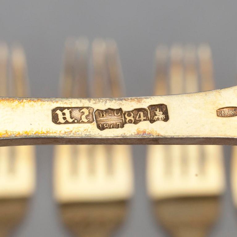 GAFFLAR, 6 st, förgyllt silver, Ryssland, Moskva 1867. Vikt 339 g.