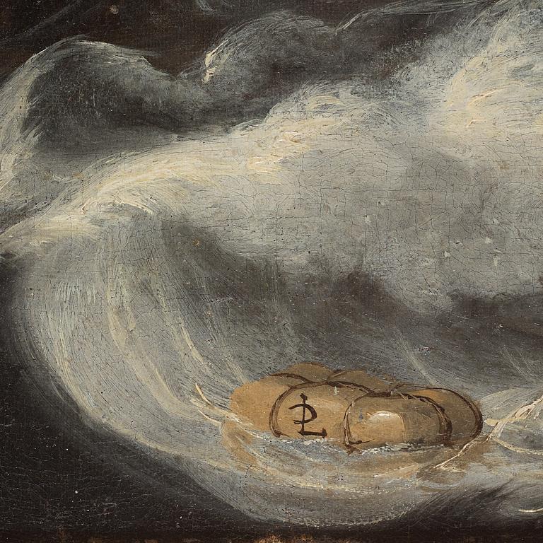 David Ludeking Attributed to, Ships on stormy coastal sea with casle above.