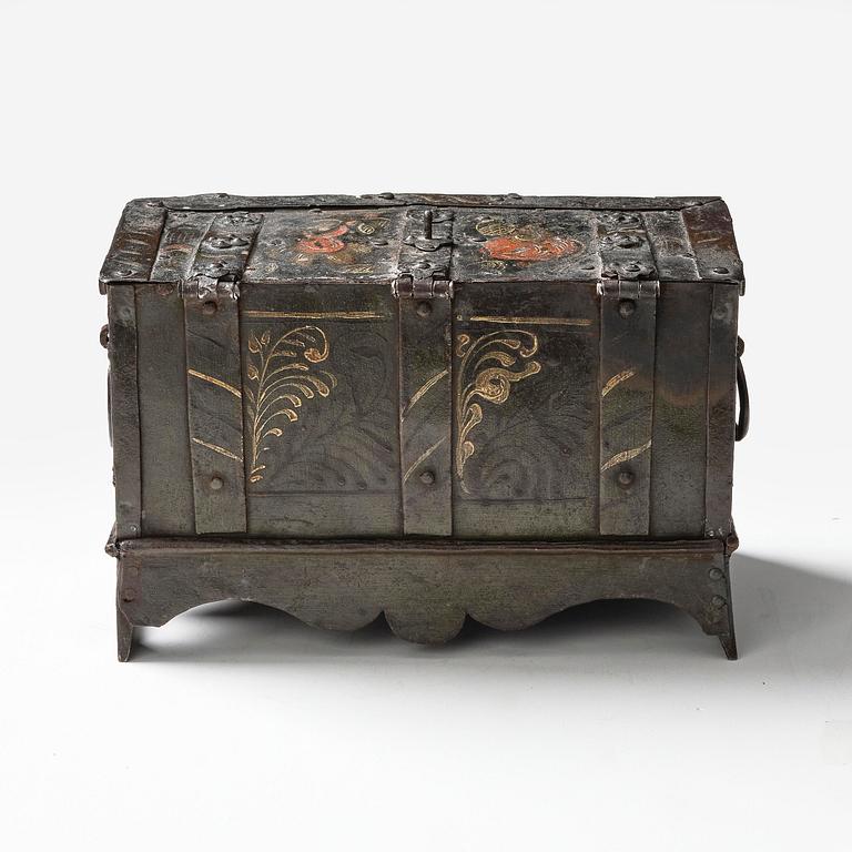 A South German presumably Nuremberg polychrome-painted wrought baroque iron casket, 17th century.