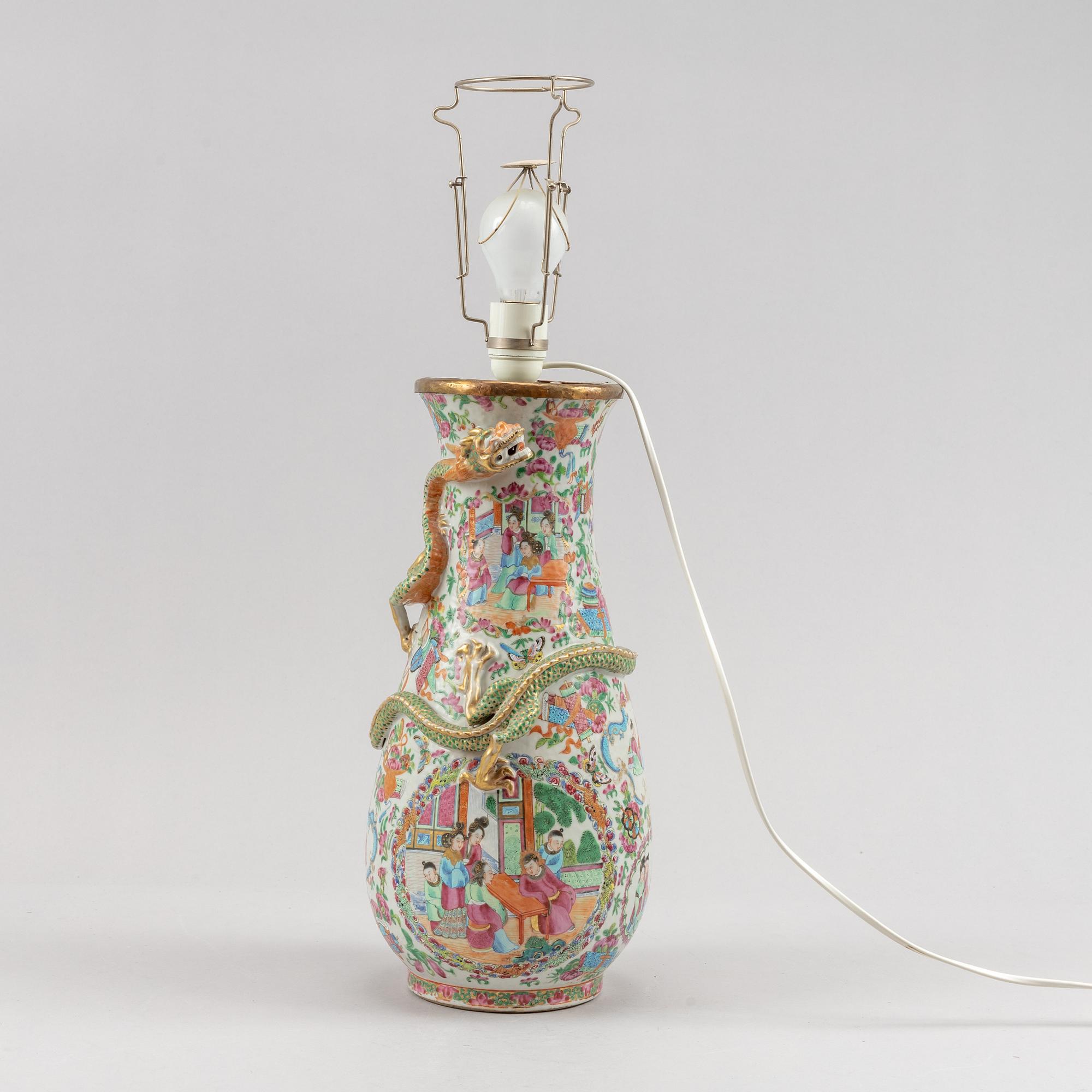 A famille rose Canton vase made in to  a lamp, Qing dynasty, 19th Century.