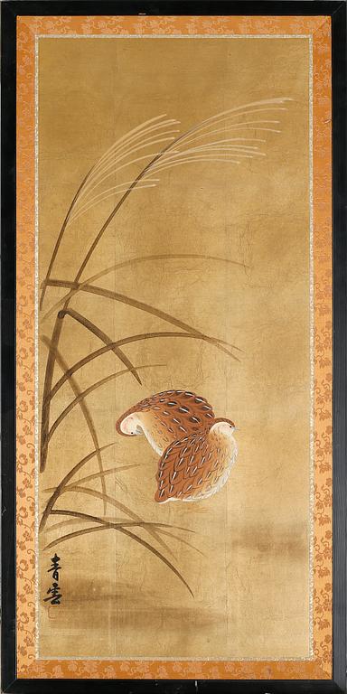 Three paintings from Japan, so called Byobu, 20th century, two signed.